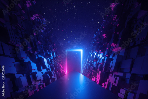 Fototapeta Naklejka Na Ścianę i Meble -  3d abstract neon background, glowing rectangular frame in cyber space, fantastic scene in virtual reality, road between walls of blocks under the night sky