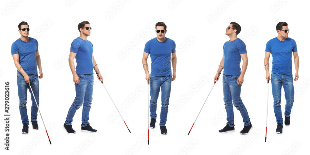 Set of blind man with long cane walking on white background Stock
