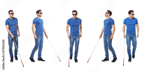 Fotografie, Tablou Set of blind man with long cane walking on white background