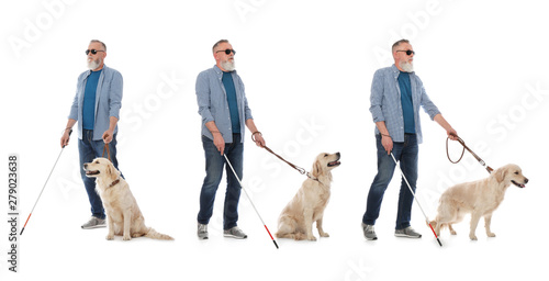 Set of senior blind man with long cane and dog on white background
