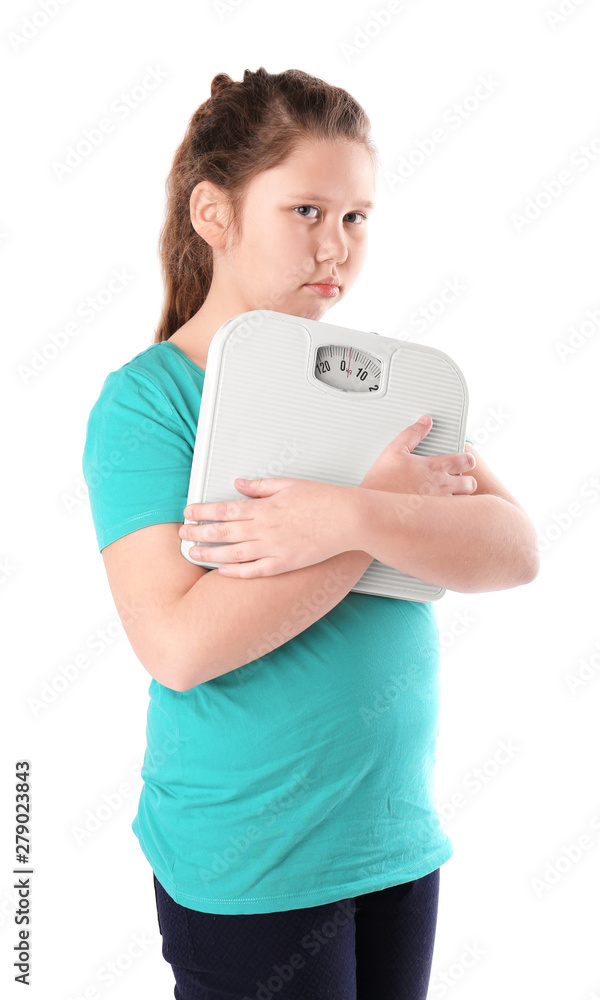 Overweight girl with floor scales on white background Overweight girl with floor scales on white background