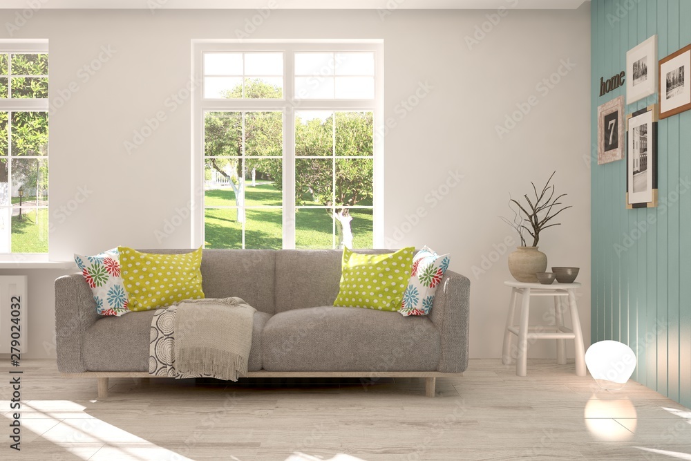 Fototapeta premium Stylish room in white color with sofa and summer landscape in window. Scandinavian interior design. 3D illustration