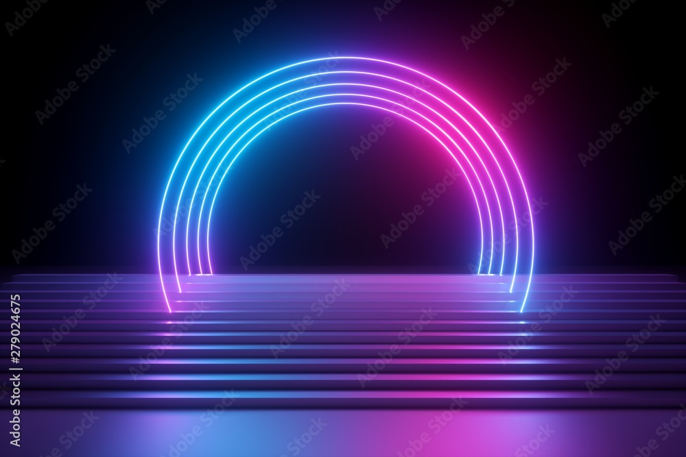3d render, abstract neon background, modern music performance stage, pink  blue lights, futuristic round arch, glowing lines over stairs, blank banner,  ultraviolet spectrum, laser show Stock Illustration | Adobe Stock
