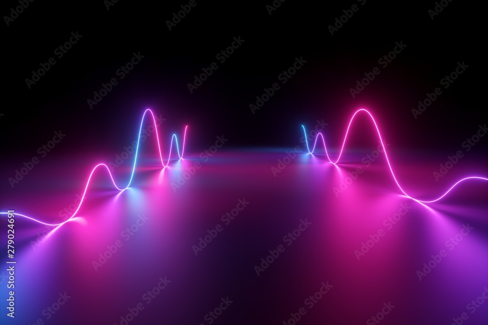 3d render, abstract background, pink blue neon light, glowing dynamic wavy  lines on the floor, ultraviolet spectrum Stock Illustration | Adobe Stock