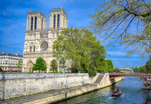 Notre Dame Cathedral on the Seine River in Paris, France after the fire on April 15, 2019. © Jbyard