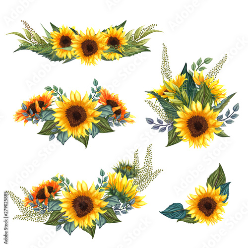 Beautiful floral collection with sunflowers bouquet, leaves, branches, fern leaves. Bright watercolor sunflowers composition set.