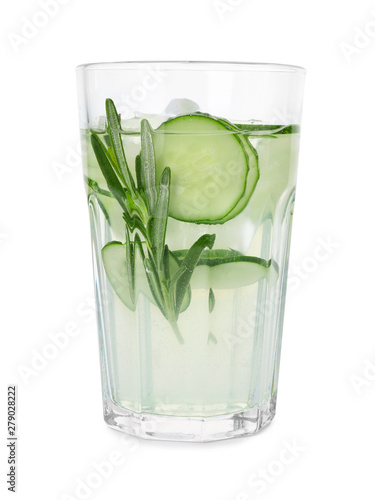 Glass of refreshing cucumber lemonade and rosemary on white background. Summer drink