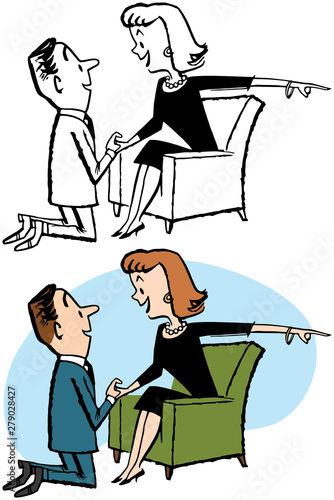 A man on his knees proposes something to a woman. 