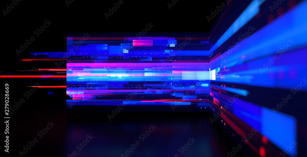 3d Illustration. 3D Studio Space. Led light panels. Future tech. Shine stylish scene. Neon flare. Colorful sparkling rays. Mystic beam. Magic bright lines. Hologram display. Digital screen.