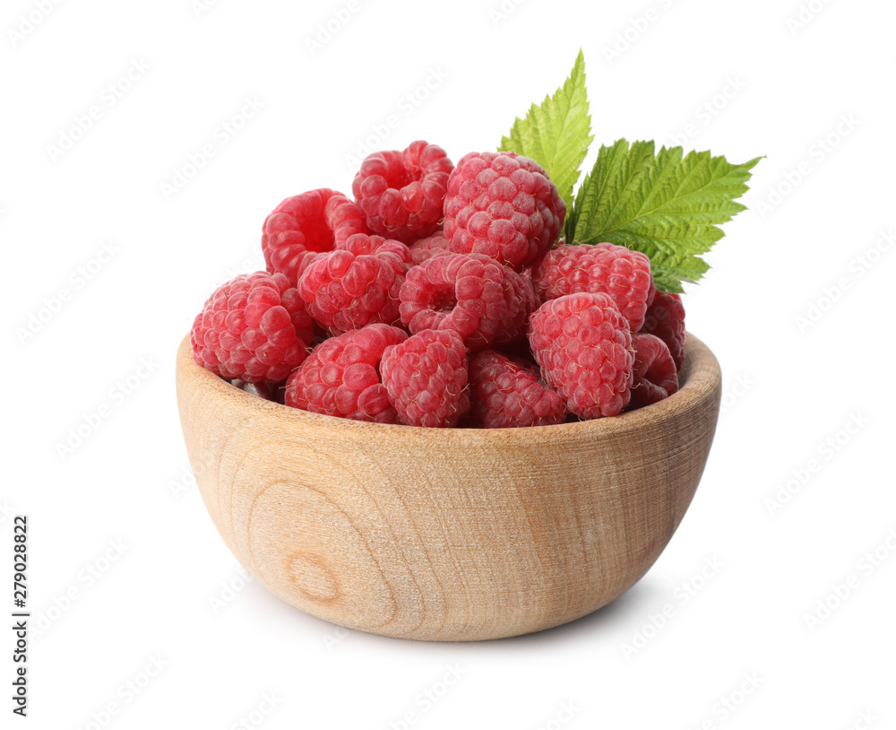Bowl of delicious fresh ripe raspberries with leaves on white background Bowl of delicious fresh ripe raspberries with leaves on white background
