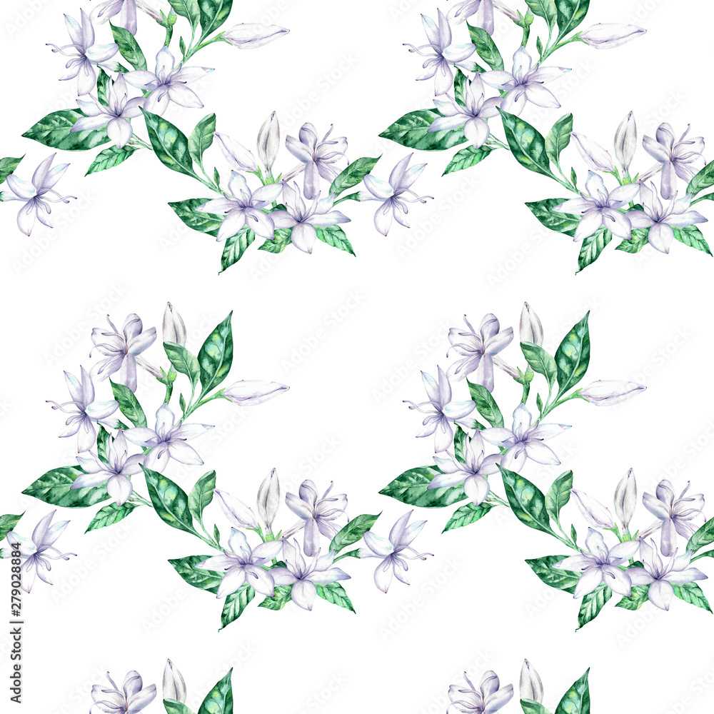 Watercolor seamless pattern with white coffee flowers and green leaves.