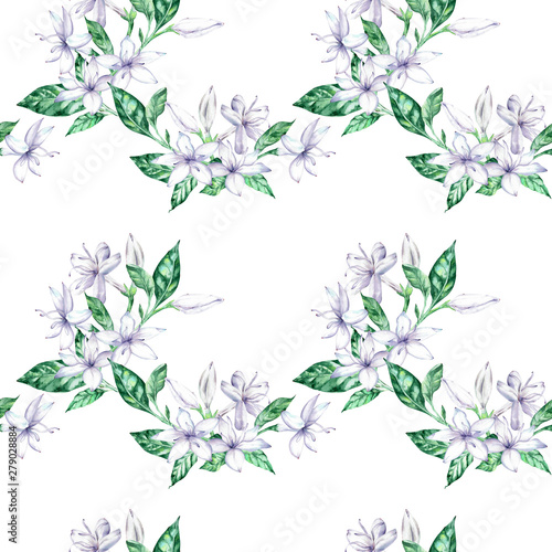 Watercolor seamless pattern with white coffee flowers and green leaves. © annakonchits
