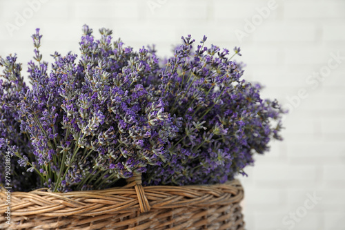 Bouquet of fresh lavender flowers in basket against white brick wall, closeup view
