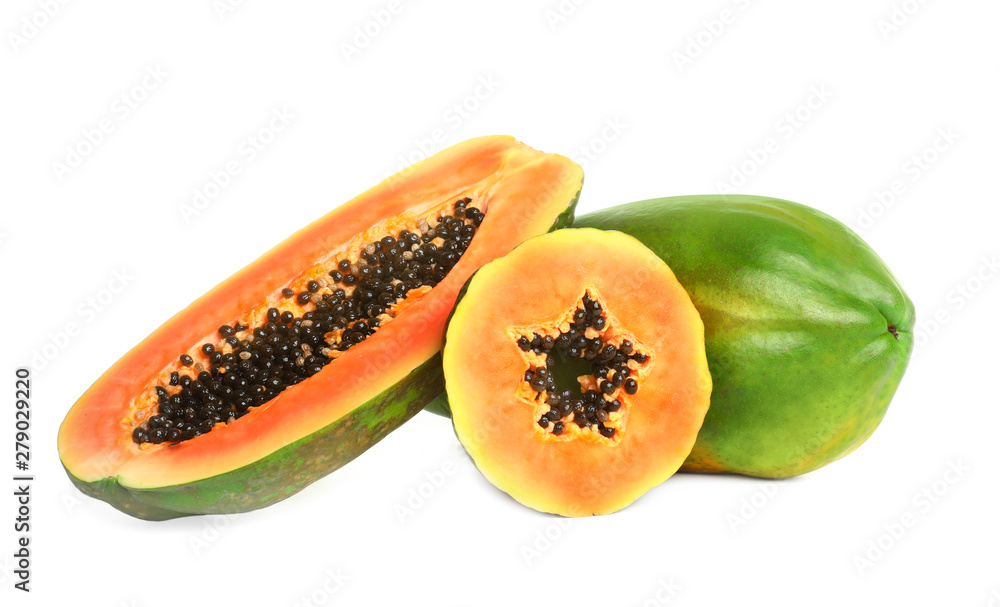 Fresh juicy ripe papayas on white background Fresh juicy ripe papayas on white background