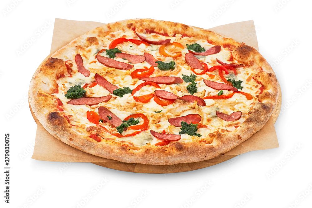 Pizza menu. Delicious hot pizza Mario with chicken, sausage and cheese. Delicious traditional Italian pizza on an isolated White background