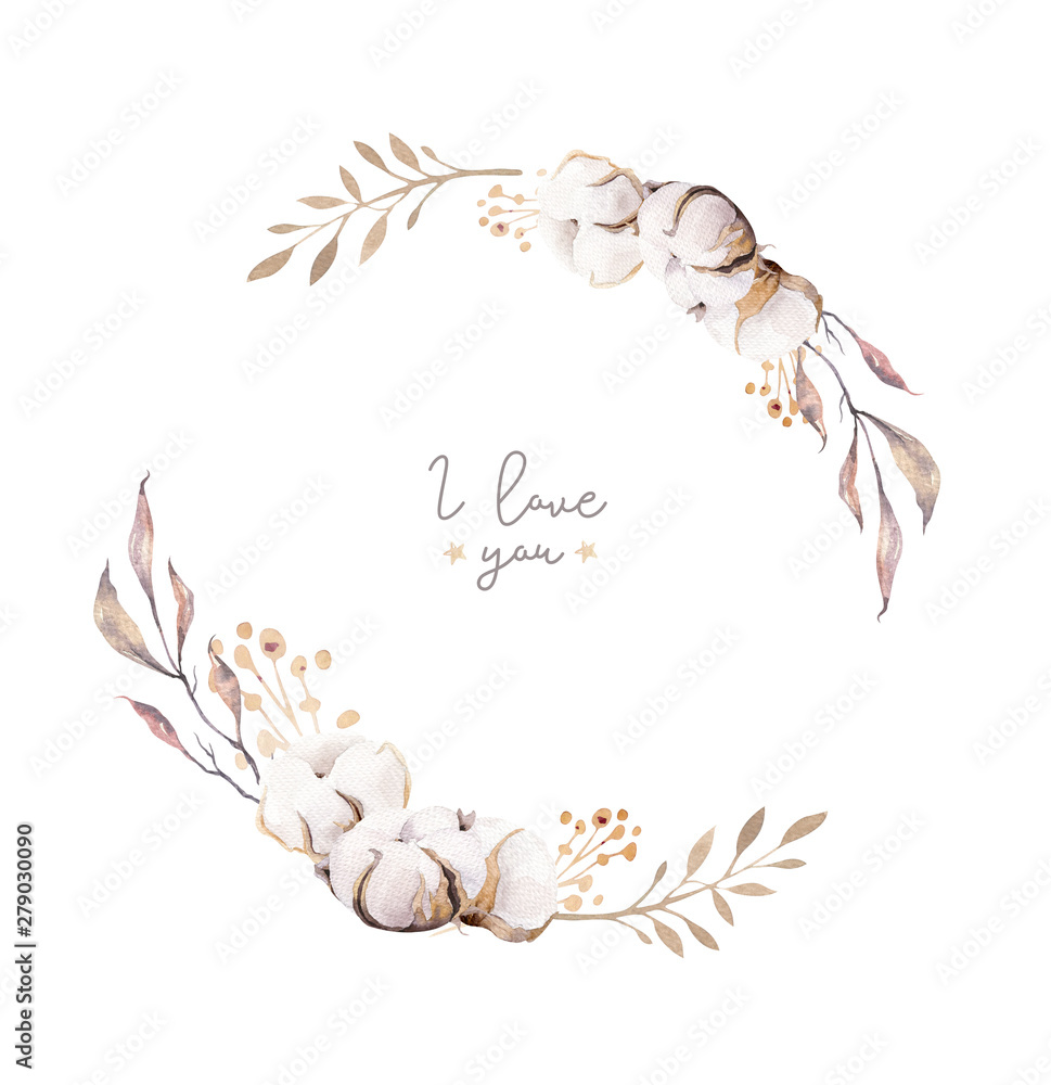 Watercolor boho floral botanical wreath. Bohemian natural frame: cotton flowers, willow flowers leaves. Isolated on white background. Decoration illustration. Save the date and weddign design - obrazy, fototapety, plakaty 