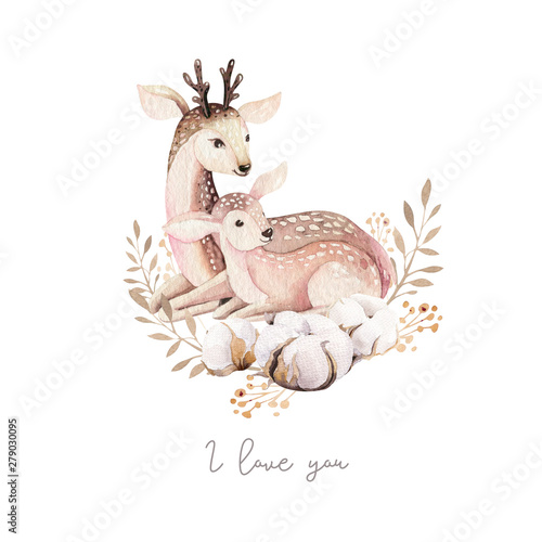 Watercolor little deer baby and mother watercolour bembi cartoon baby nursery. Forest funny young deer illustration. Fawn animal. Mom and baby decor photo