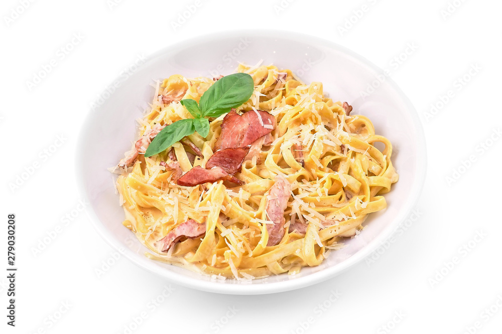 Italian Penne Pasta with Bacon, Blue Cheese, Sauce, Onion, Garlic, Cream, Parsley, Parmesan Cheese Top View. Traditional Homemade Italian Macaroni Isolated on White Background. Top view