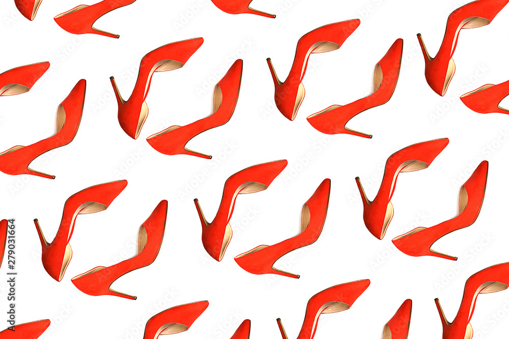 Female red shoes pattern on white background, isolated. Party, Valentine's Day, Christmas, Happy New Year, Black Friday, wedding outfit conception. Flat lay, top view, copy space. Female red shoes pattern on white background, isolated. Party, Valentine's Day, Christmas, Happy New Year, Black Friday, wedding outfit conception. Flat lay, top view, copy space.
