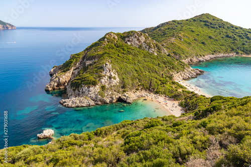 Fototapeta Naklejka Na Ścianę i Meble -  Famous two side Porto Timoni beach near Agios Georgios. Crystal clear azure water. Corfu, Greece