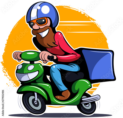 Cartoon style courier with motor cycle scooter delivery, vector illustration.