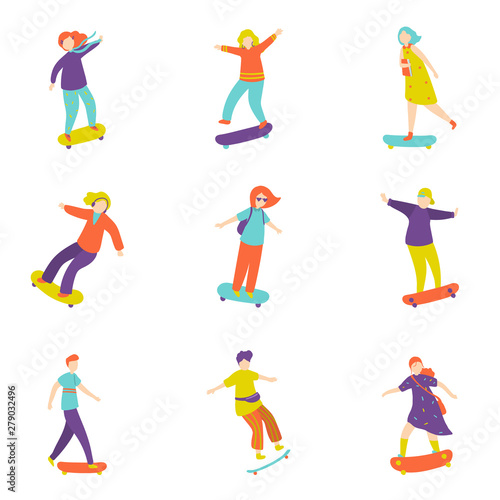 Set of colorful modern young people at skateboard tricks
