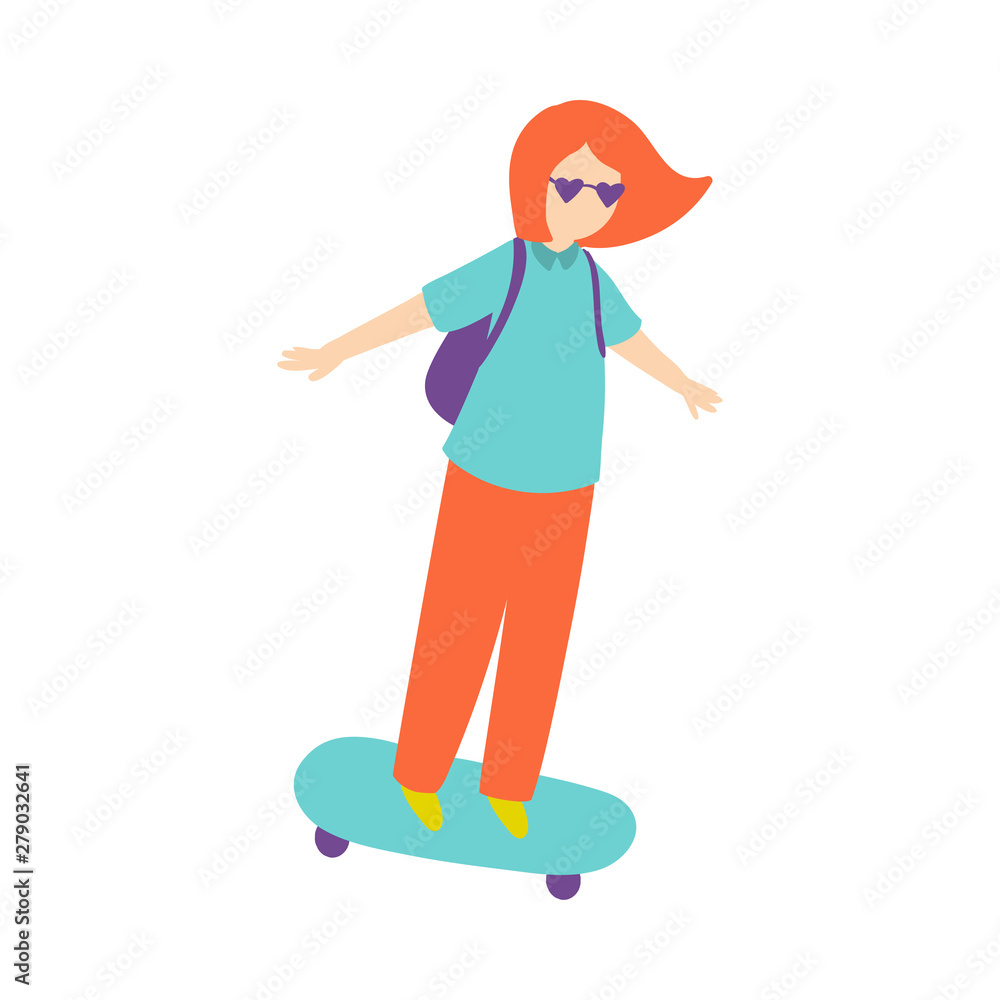 Red hair young girl with backpack ride on skateboard Red hair young girl with backpack ride on skateboard