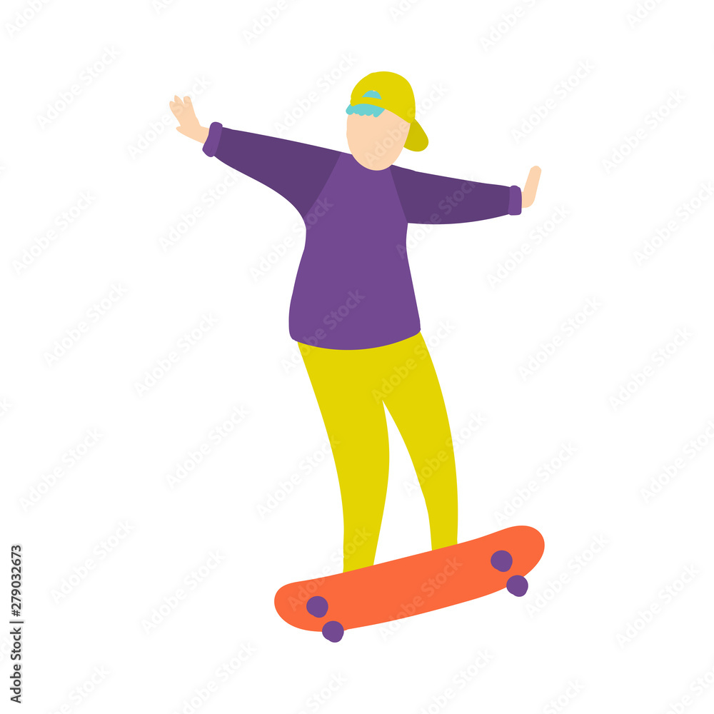 Young boy in green baseball cap does trick on skateboard