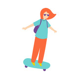 Red hair young girl with backpack ride on skateboard