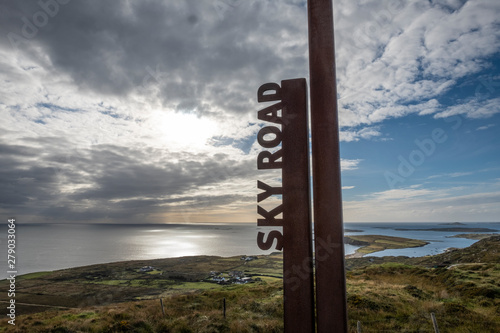 Sky Road west of Clifden County Galway. Sign saying Sky Road overlooking Atlantic ocean on sunny autumn afternoon