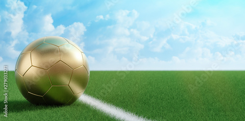 Golden soccer ball on a soccer field. Copy space on the right side - 3D Rendering 