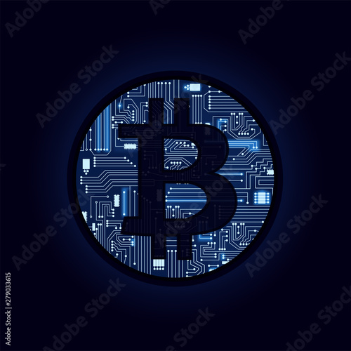 Bitcoin coin with bitcoin symbol filled with electronic circuits. Blue Background.Bitcoin coin and electronic circuit