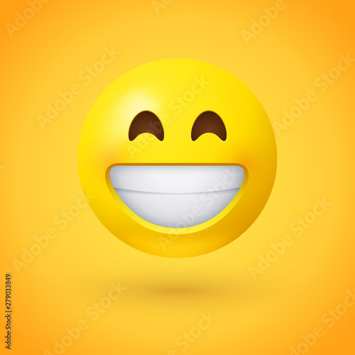Beaming face emoji with smiling eyes and a broad, open smile with a full-toothed grin as if saying Cheese! for the camera
