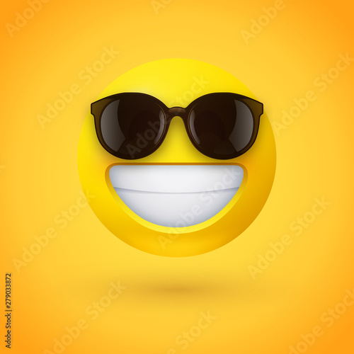 Beaming face emoji with sunglasses and a broad, open smile with a full-toothed grin as if saying Cheese! for the camera