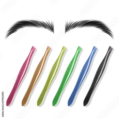 Set of steel tweezers isolated on white, colorful steel tweezers and realistic eyebrows in vector format