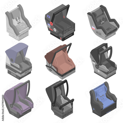 Baby car seat icons set. Isometric set of baby car seat vector icons for web design isolated on white background