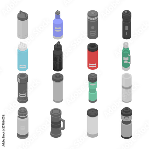 Vacuum insulated water bottle icons set. Isometric set of vacuum insulated water bottle vector icons for web design isolated on white background