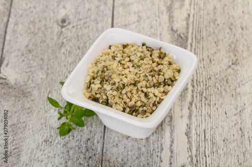 Peeled hemp seeds in the bowl