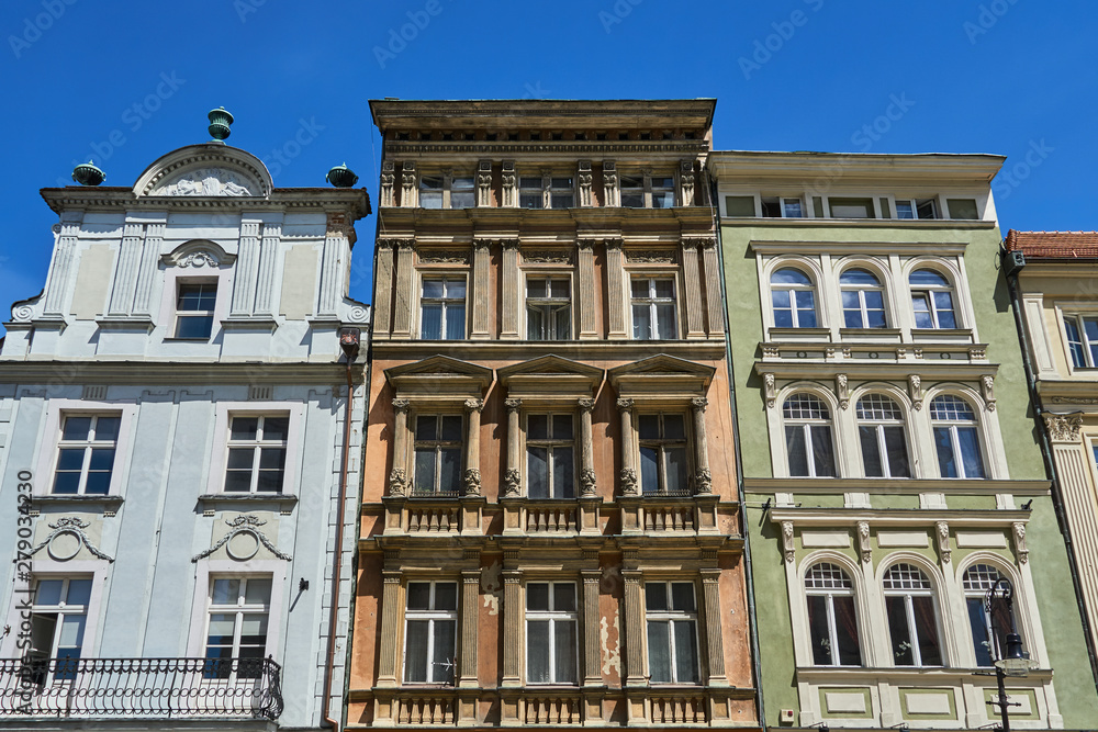  facades of historic houses on the Old Market Square in Poznan..