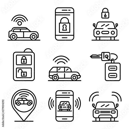 Car alarm system icons set. Outline set of car alarm system vector icons for web design isolated on white background