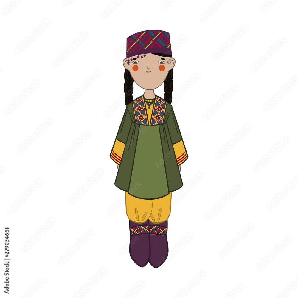 Cute girl with black long hair in national uzbekistan clothes