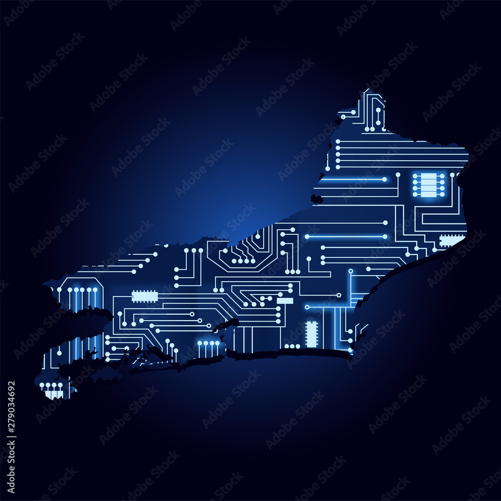 Contour map of Rio de Janeiro with a technological electronics circuit. Brazilian state. Blue background.