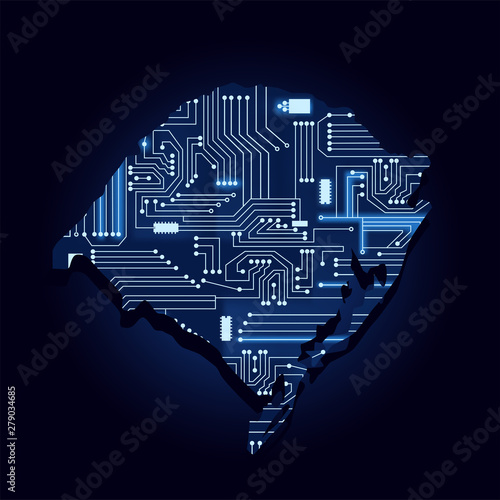 Contour map of Rio Grande do Sul with a technological electronics circuit. Brazilian state. Blue background.