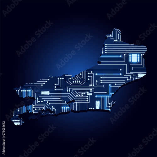 Contour map of Rio de Janeiro with a technological electronics circuit. Brazilian state. Blue background.
