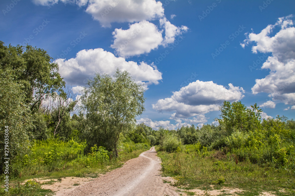 Road among a meadow with blue sky and clouds above it