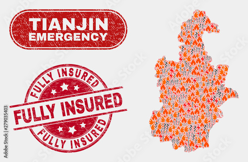 Vector collage of danger Tianjin City map and red rounded grunge Fully Insured stamp. Emergency Tianjin City map mosaic of wildfire, energy flash icons. Vector combination for emergency services,