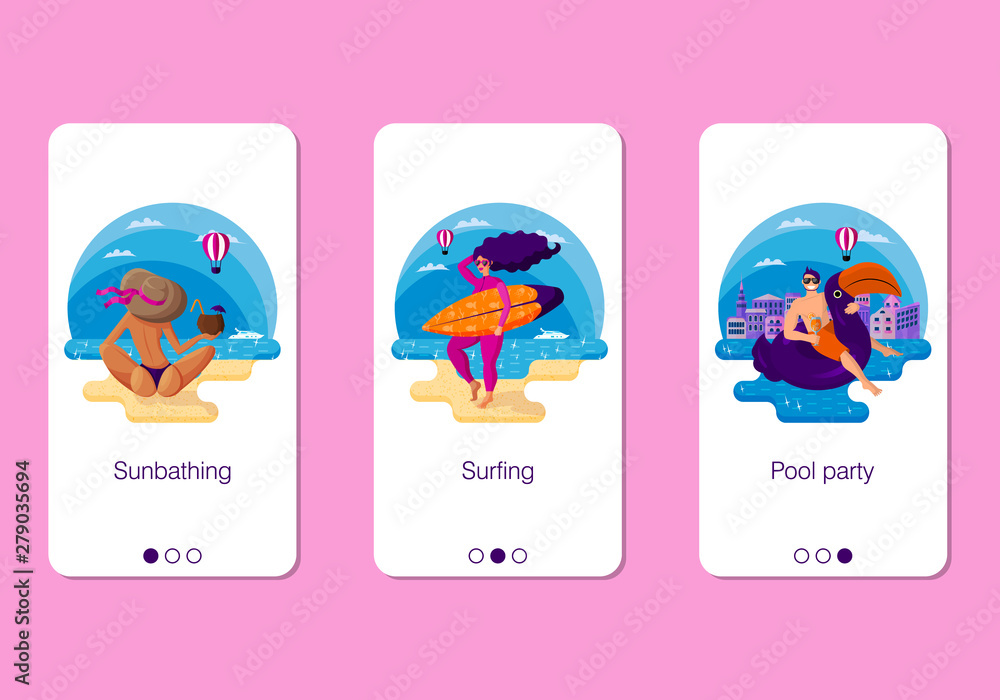 Fototapeta premium Set of mobile app page design, screen set on active summer holidays theme on the sea.