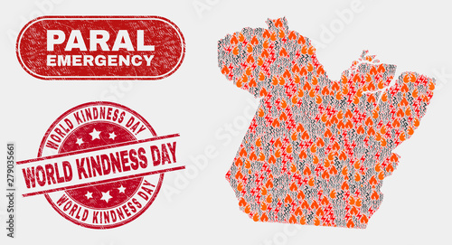 Vector collage of wildfire Paral State map and red round distress World Kindness Day stamp. Emergency Paral State map mosaic of burning, power flash icons. Vector composition for safety services,