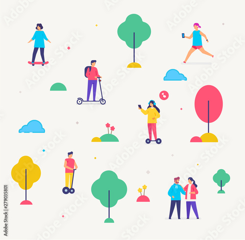 Group of people are walking. Transport gyroscooter, scooter, park infographics icons, illustration. Smartphones tablets user interface social media.Flat illustration Icons infographics. Landing page
