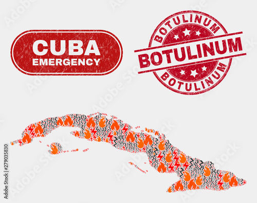 Vector composition of danger Cuba map and red round distress Botulinum seal stamp. Emergency Cuba map mosaic of fire, electric flash icons. Vector combination for guard services,